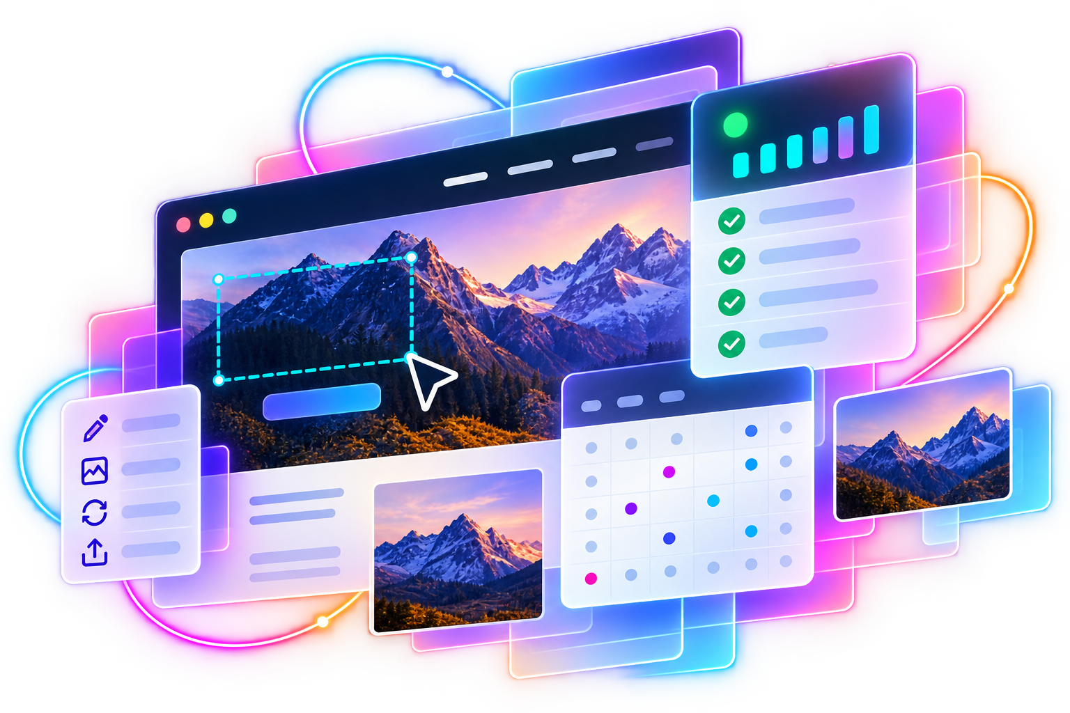Layered website management workspace with updates and site health tools
