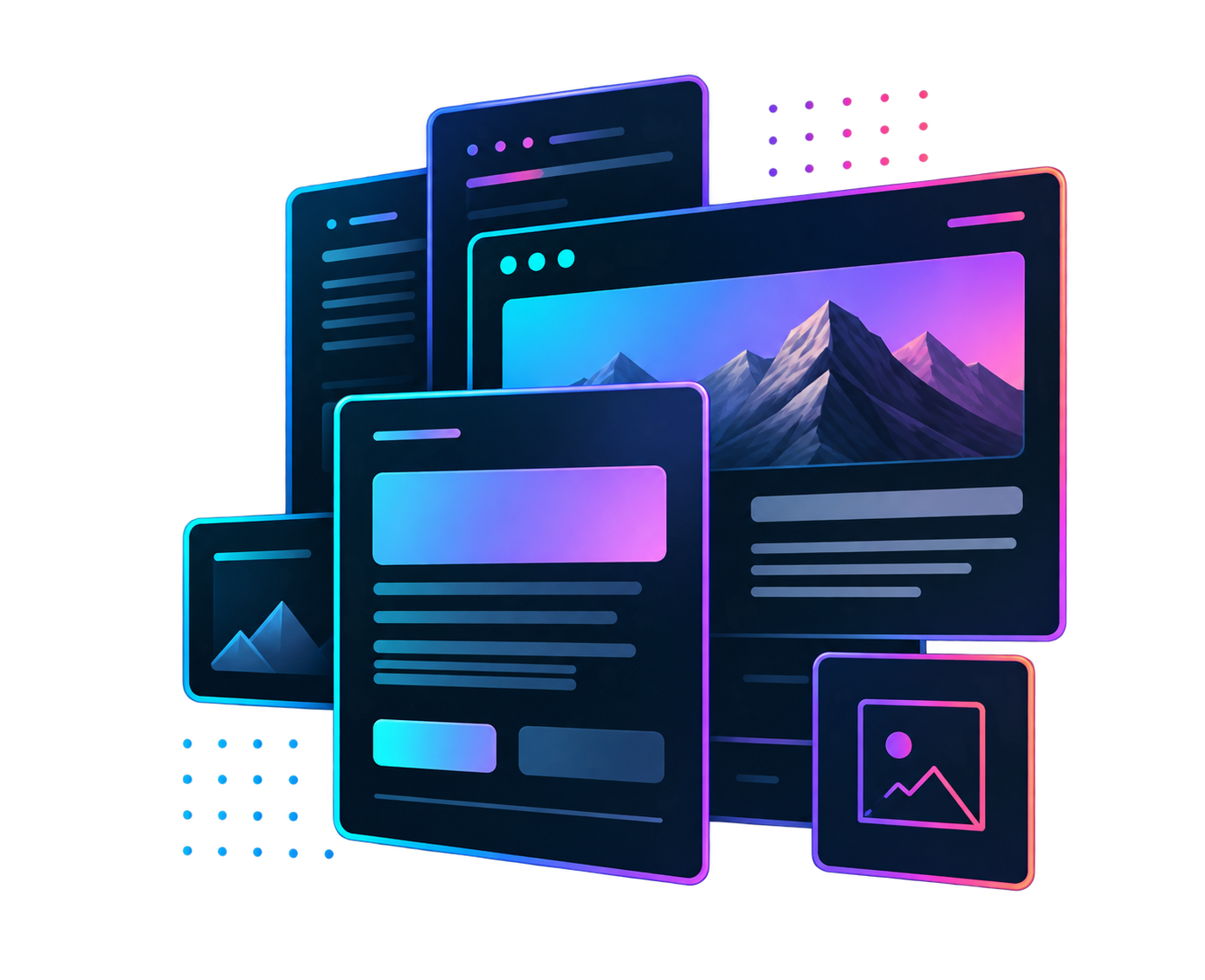 Layered website interface panels with cyan, violet, and coral accents